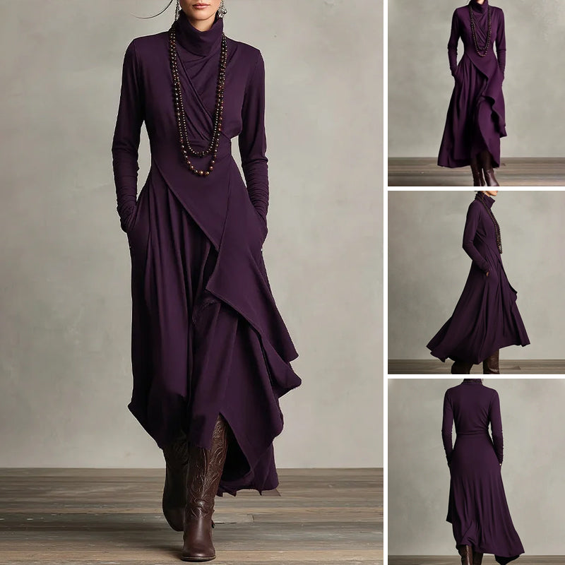 【📍Utsökt kollektion📍】Elegant asymmetrisk draperad maxiklänning med hög hals och midja för kvinnor