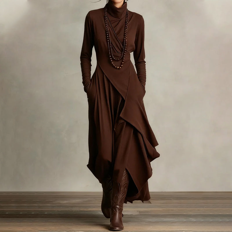 【📍Utsökt kollektion📍】Elegant asymmetrisk draperad maxiklänning med hög hals och midja för kvinnor