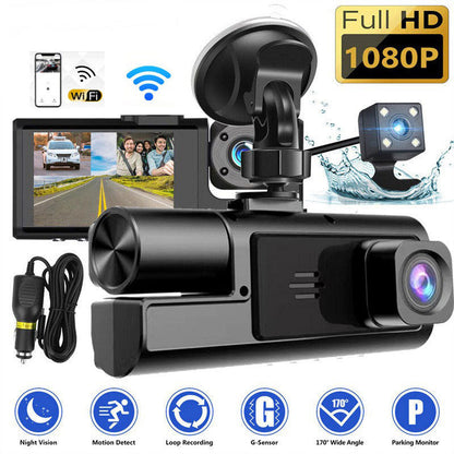 🚗🎥 50 % RABATT! Dashcam med 3 Full HD 1080p-objektiver – foran + i kupeen + bak med ryggekamerafunksjon 🔥