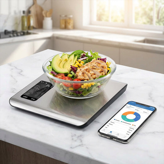 ⚖️ 50 % RABATT I BEGRENSET TID 📊 Smart ernæringsvekt — 19 næringsverdier, 5 kg, app-tilkobling