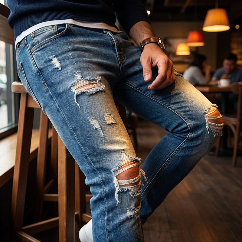 👖 60% RABATT! 🔥 Snygga Slitna Skinny Jeans för Män – Slim Tapered Passform, Andningsbar Bomull & Eleganta Rivna Detaljer för En Cool Look 💙