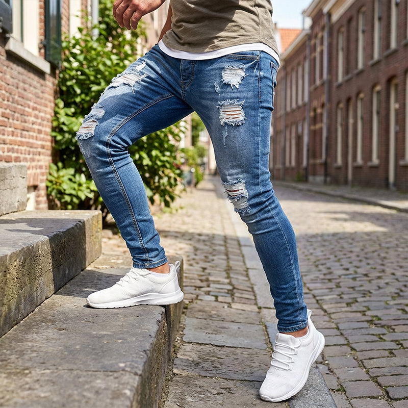 👖 60% RABATT! 🔥 Snygga Slitna Skinny Jeans för Män – Slim Tapered Passform, Andningsbar Bomull & Eleganta Rivna Detaljer för En Cool Look 💙