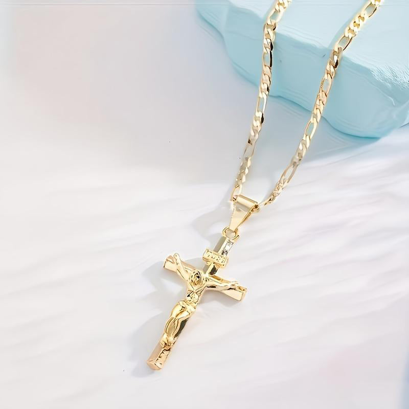 ✝️✨ Guldkrucifixhalsband – Detaljerat INRI-motiv, justerbar figarokedja och glittrande finish 💛