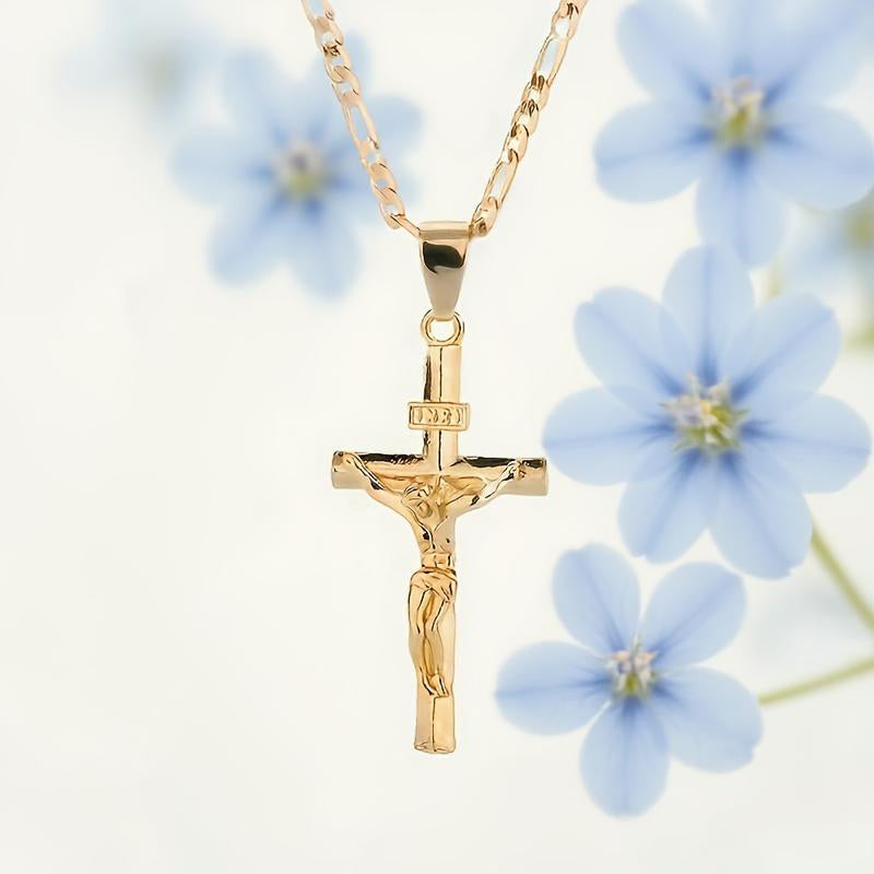 ✝️✨ Guldkrucifixhalsband – Detaljerat INRI-motiv, justerbar figarokedja och glittrande finish 💛