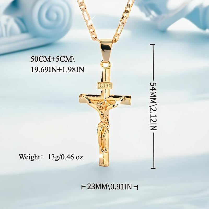 ✝️✨ Guldkrucifixhalsband – Detaljerat INRI-motiv, justerbar figarokedja och glittrande finish 💛