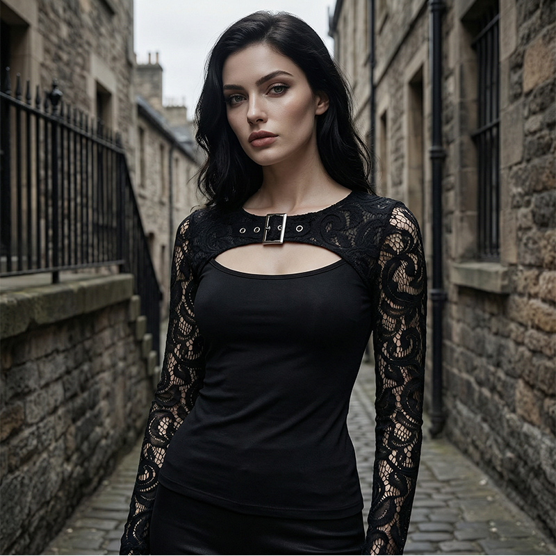 👚 50% RABATT!🔥 Damernas Sexiga Urringning Spetsärm Topp – Edgy Spänne Detalj, Stretchpassform & Romantiska Genomskinliga Ärmar