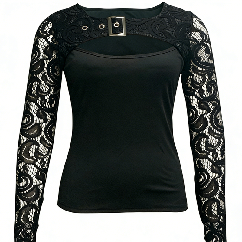 👚 50% RABATT!🔥 Damernas Sexiga Urringning Spetsärm Topp – Edgy Spänne Detalj, Stretchpassform & Romantiska Genomskinliga Ärmar