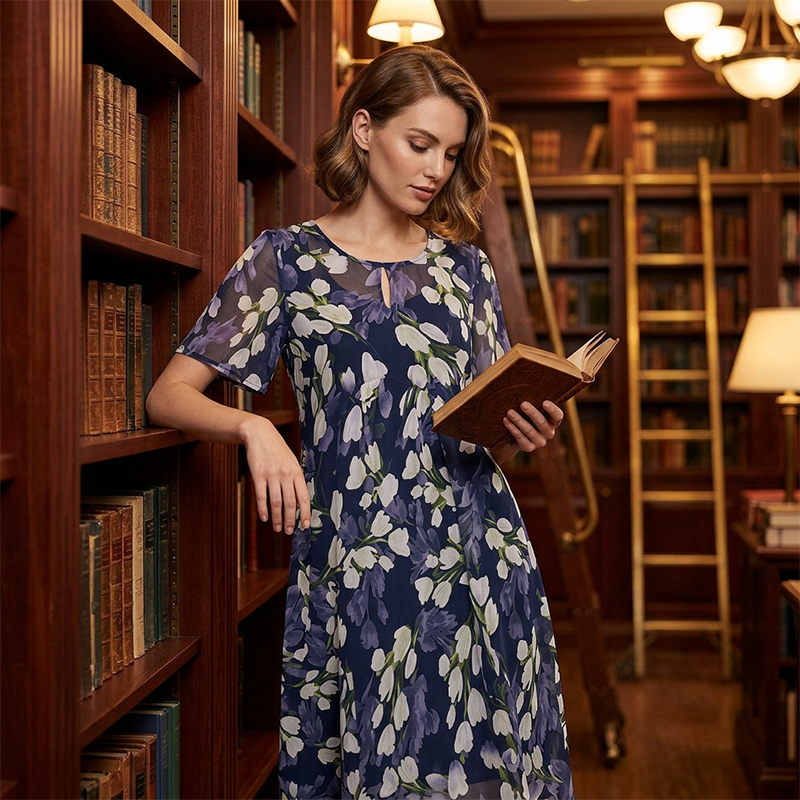 🌸 50% RABATT ✨👗 Kortärmad A-linje Festklänning – Blommönster & Dubbel Chiffong👗💙