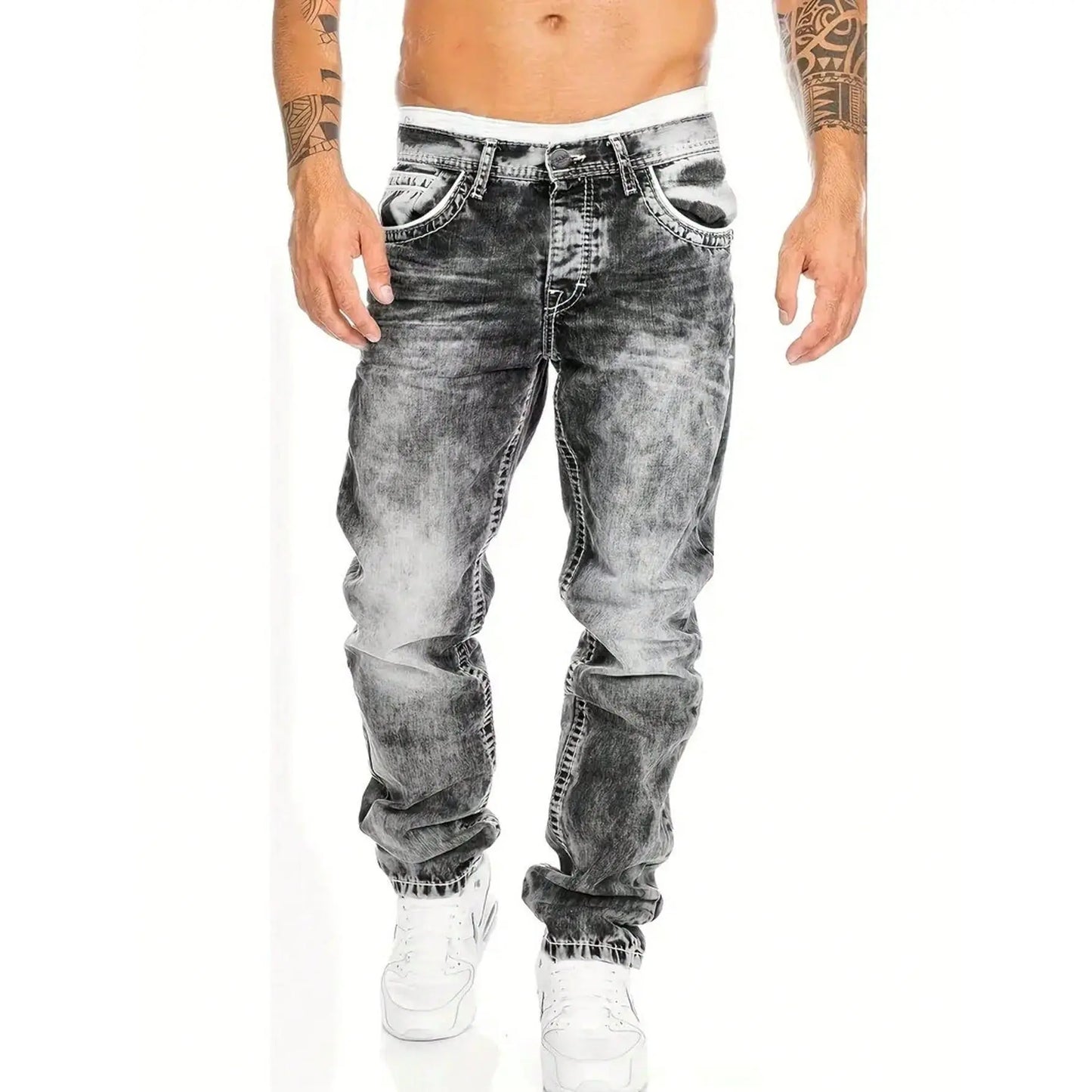 👖 50% RABATT 🔥 | Herr Stretchjeans – Raka Ben, Vintage-tvättad & Hip-hop Stil