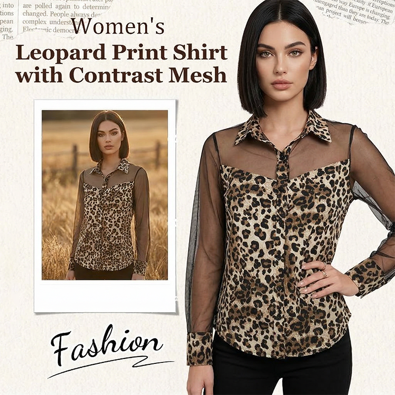 👚 50% RABATT! 🐆 Damblus med Leopardmönster & Kontrasterande Nät – Lång Ärm, Figursydd & Perfekt för Kontor till Kväll ✨