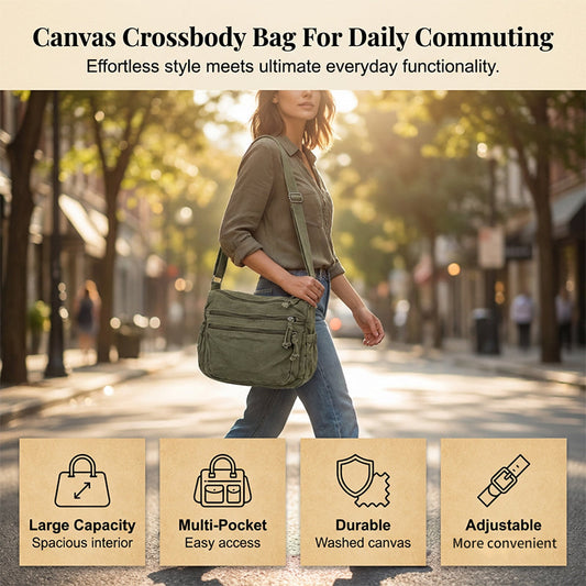 Canvasväska med flera fickor 🎒 Lätt och slitstark, justerbar axelrem, kan bäras som axelväska eller crossbody-väska 👜