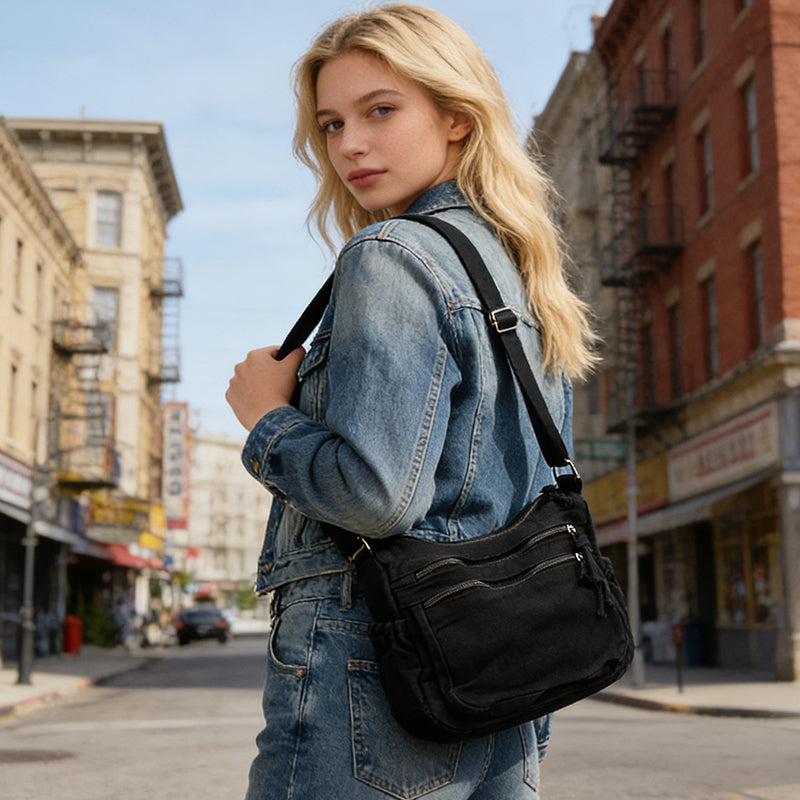 Canvasväska med flera fickor 🎒 Lätt och slitstark, justerbar axelrem, kan bäras som axelväska eller crossbody-väska 👜