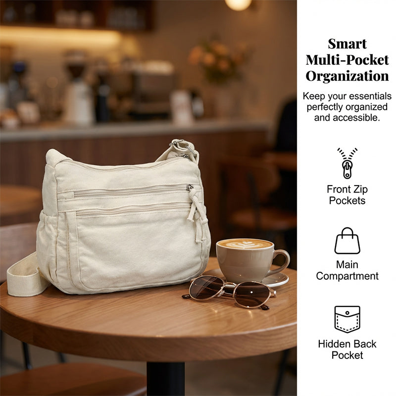 Canvasväska med flera fickor 🎒 Lätt och slitstark, justerbar axelrem, kan bäras som axelväska eller crossbody-väska 👜