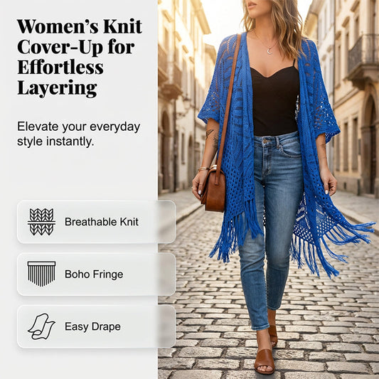 🥳2026 Årets bästsäljare🥳👗🌿 50 % RABATT! Stickad damkofta med knäppning fram – i luftigt, genombrutet stickat tyg med fransar i nederkanten. Figursydd modell med vackert fall. Passar perfekt till badkläder eller jeans.🌊✨