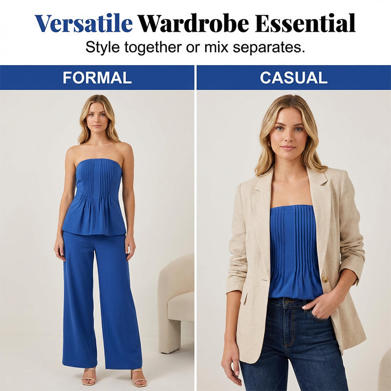 ✨ BEGRÄNSAD TID: 50 % RABATT! ✨ Set med axelbandslös peplum-top och byxor – elegant, flödande, perfekt för kvällen 🌃
