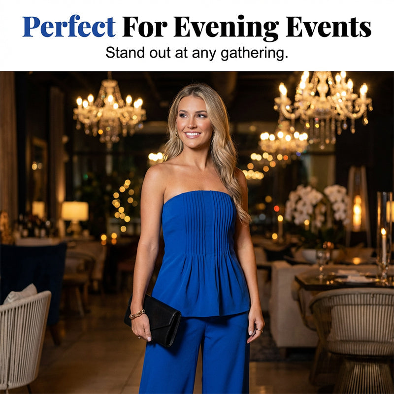 ✨ BEGRÄNSAD TID: 50 % RABATT! ✨ Set med axelbandslös peplum-top och byxor – elegant, flödande, perfekt för kvällen 🌃