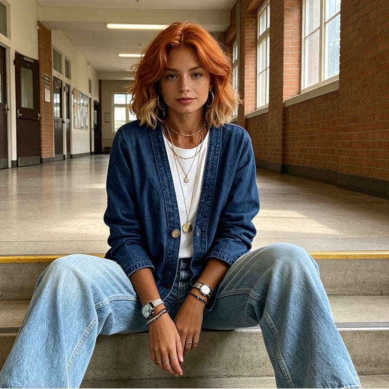 🧥 50% RABATT NU! ✨ Kvinners Klassiska Knäppt Jeansjacka – V-Ringning, Andningsbar Tyg & Ledig Passform 💙