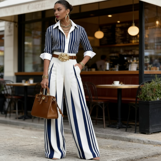 👚 50% RABATT NU! 👖 Kvinnors Randig Skjorta & Vida Byxor 2-Delat Set – Vertikala Ränder, Andningsbart Tyg & Mångsidig Stil För En Elegant Vardagslook ✨
