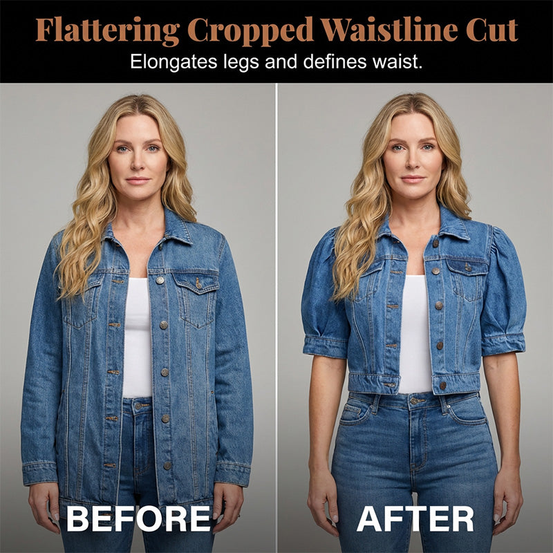 🧥 50% RABATT NU! 🎀 Dam puff kort ärm croppad denimjacka – Vintage detaljer & mjuk blandning – Smickrande midjesnitt – perfekt för vår och sommar 🌟