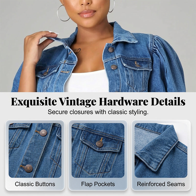 🧥 50% RABATT NU! 🎀 Dam puff kort ärm croppad denimjacka – Vintage detaljer & mjuk blandning – Smickrande midjesnitt – perfekt för vår och sommar 🌟