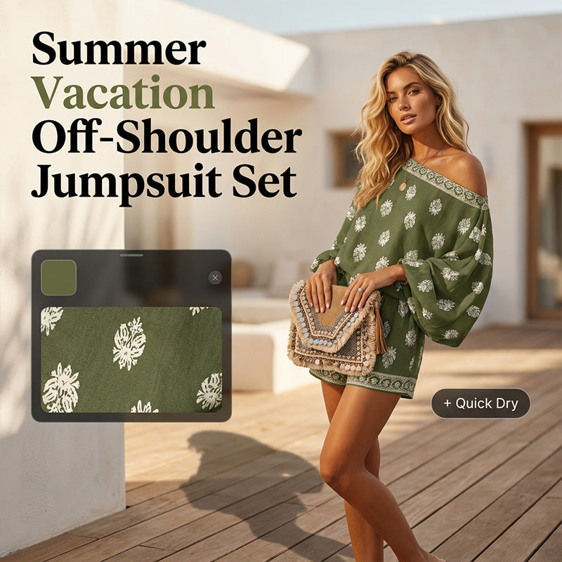 🌴 50% RABATT NU!👙 Böhemsik Off-Shoulder Jumpsuit Set – Vintage Tryck & Fickor – Avslappnad Semesterklänning 📸