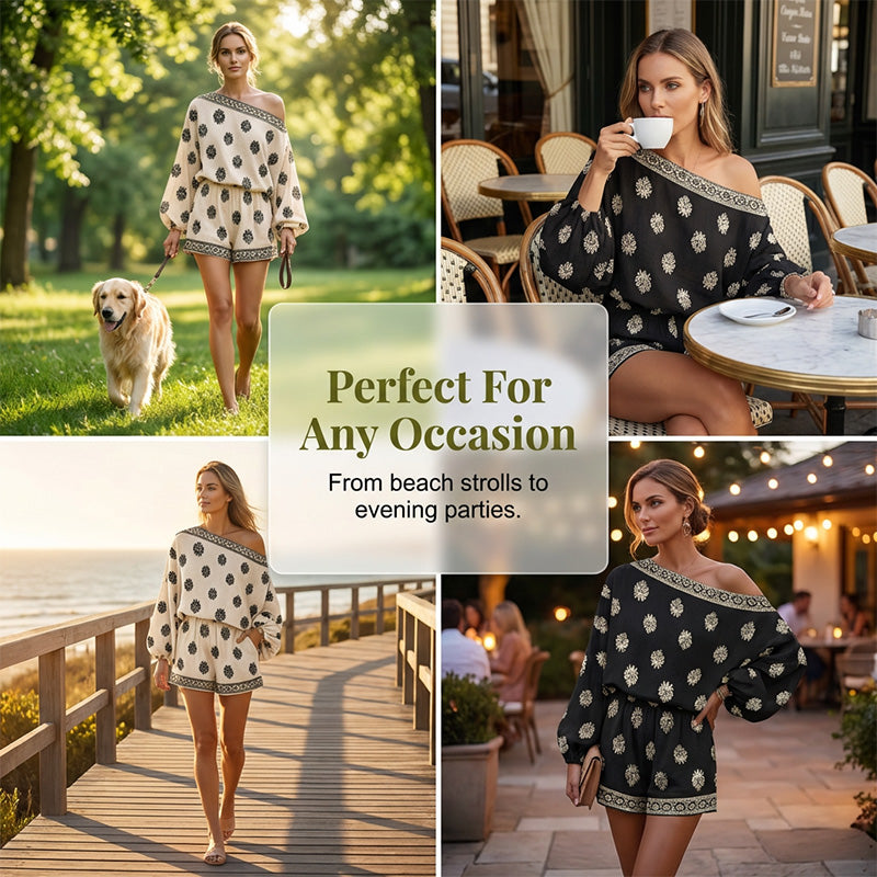 🌴 50% RABATT NU!👙 Böhemsik Off-Shoulder Jumpsuit Set – Vintage Tryck & Fickor – Avslappnad Semesterklänning 📸