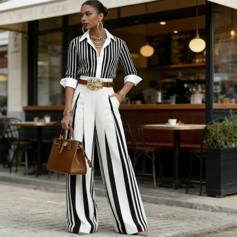 👚 50% RABATT NU! 👖 Kvinnors Randig Skjorta & Vida Byxor 2-Delat Set – Vertikala Ränder, Andningsbart Tyg & Mångsidig Stil För En Elegant Vardagslook ✨