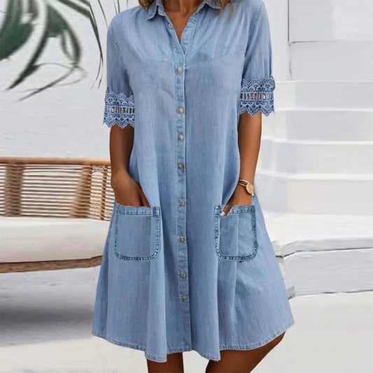 🎁Begränsad tid 50 % RABATT⏳Blå, enkel miniklänning i denim med krage och spetskant