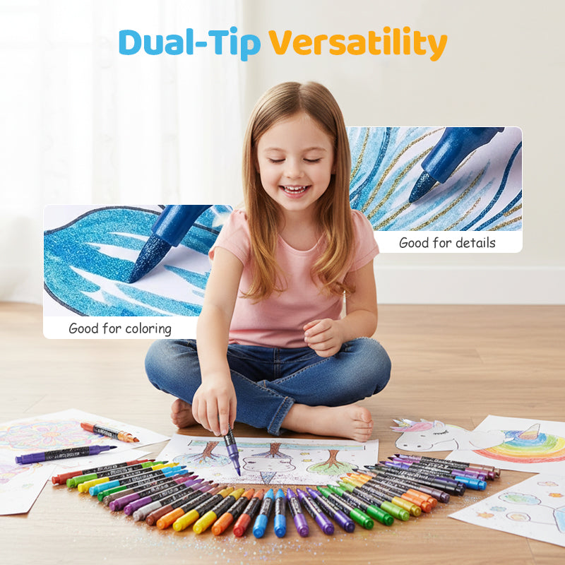 Dubbeländsglittermarkörer – penselspets + fin spets, vattenbaserad & giftfri, 12–48 färger ✨🎨