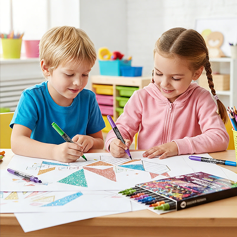 Dubbeländsglittermarkörer – penselspets + fin spets, vattenbaserad & giftfri, 12–48 färger ✨🎨