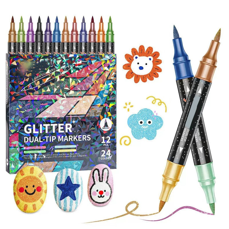 Dubbeländsglittermarkörer – penselspets + fin spets, vattenbaserad & giftfri, 12–48 färger ✨🎨