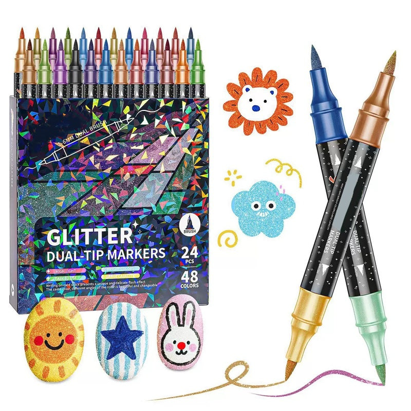 Dubbeländsglittermarkörer – penselspets + fin spets, vattenbaserad & giftfri, 12–48 färger ✨🎨