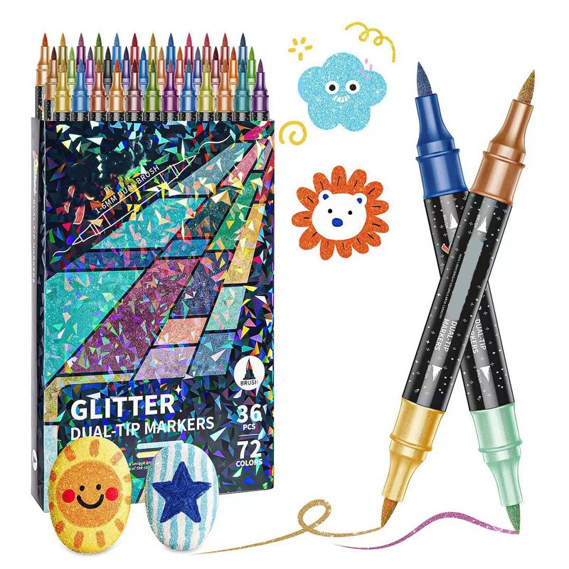 Dubbeländsglittermarkörer – penselspets + fin spets, vattenbaserad & giftfri, 12–48 färger ✨🎨
