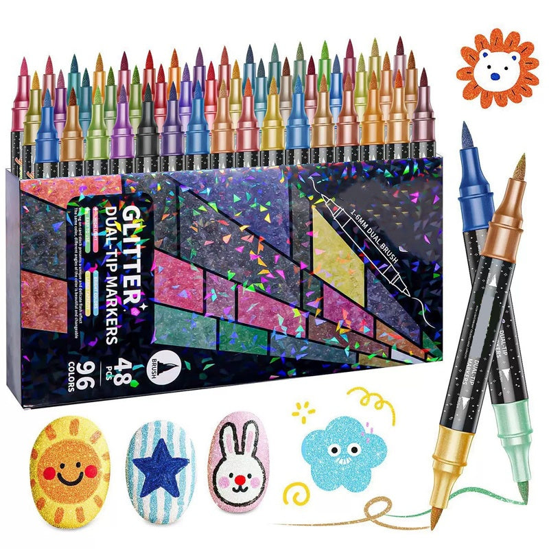 Dubbeländsglittermarkörer – penselspets + fin spets, vattenbaserad & giftfri, 12–48 färger ✨🎨