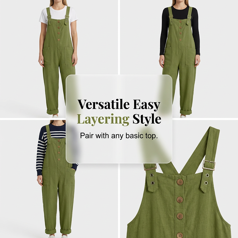 🌺 50% RABATT NU! 👚 Dam Lediga Hängselbyxor med Lös Passform och Knäppning Fram