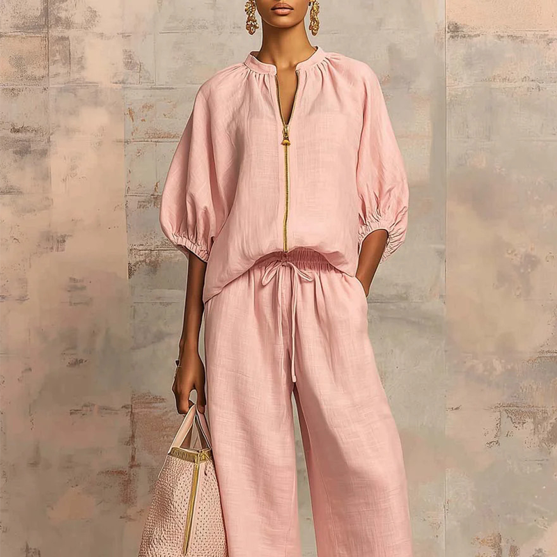 👚 50% RABATT NU! 💃 Damernas Enfärgad 2-Delars Casual Tracksuit Set – Puffärmar & Vida Byxor ✨