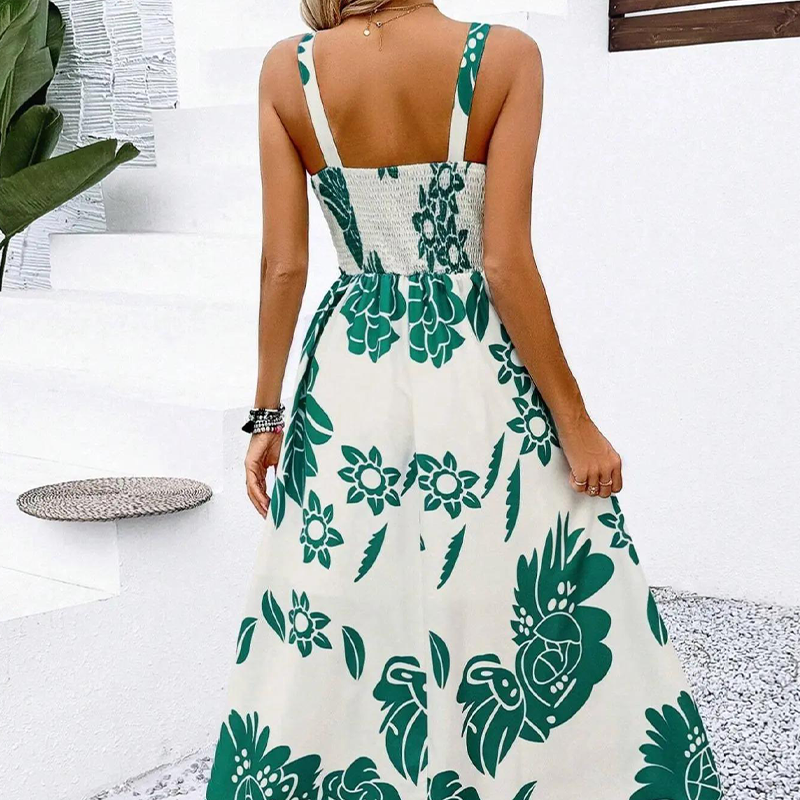 👗50% RABATT NU! 🌺 Floralt Spagettiband Klänning – Smockad Rygg, A-Linje & Lättvikt – Ansträngningslös Sommarstil 🌼