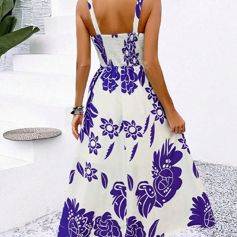 👗50% RABATT NU! 🌺 Floralt Spagettiband Klänning – Smockad Rygg, A-Linje & Lättvikt – Ansträngningslös Sommarstil 🌼