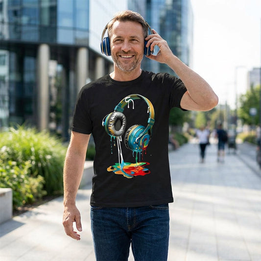 👕 50 % RABATT JUST NU! 🎧 Färgglad T-shirt med motiv av droppande färg – Konstnärlig design, mjuk bomull och perfekt för musikälskare eller avslappnad streetwear 🎨