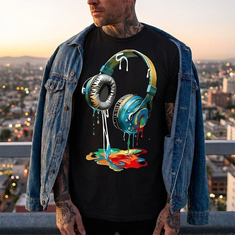 👕 50 % RABATT JUST NU! 🎧 Färgglad T-shirt med motiv av droppande färg – Konstnärlig design, mjuk bomull och perfekt för musikälskare eller avslappnad streetwear 🎨