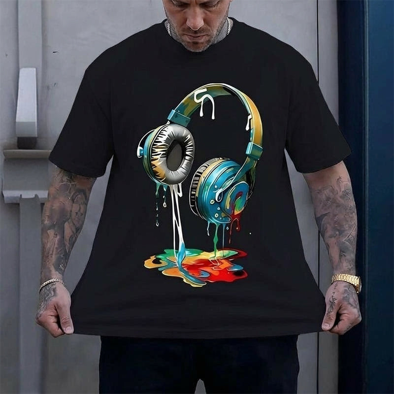 👕 50 % RABATT JUST NU! 🎧 Färgglad T-shirt med motiv av droppande färg – Konstnärlig design, mjuk bomull och perfekt för musikälskare eller avslappnad streetwear 🎨