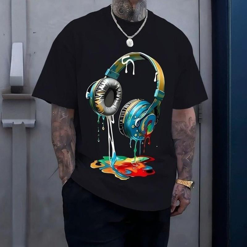 👕 50 % RABATT JUST NU! 🎧 Färgglad T-shirt med motiv av droppande färg – Konstnärlig design, mjuk bomull och perfekt för musikälskare eller avslappnad streetwear 🎨