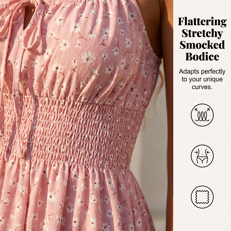 👗50% RABATT!🎀Klänning med smockade spaghettiband och knytning framtill