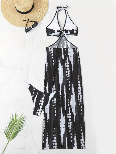 👙 TIDSBEGRÄNSAD 50% RABATT! ✨ Randig Tvådelad Baddräkt – Knythalter, Ringdetalj, Hög Sträckbarhet 🌊