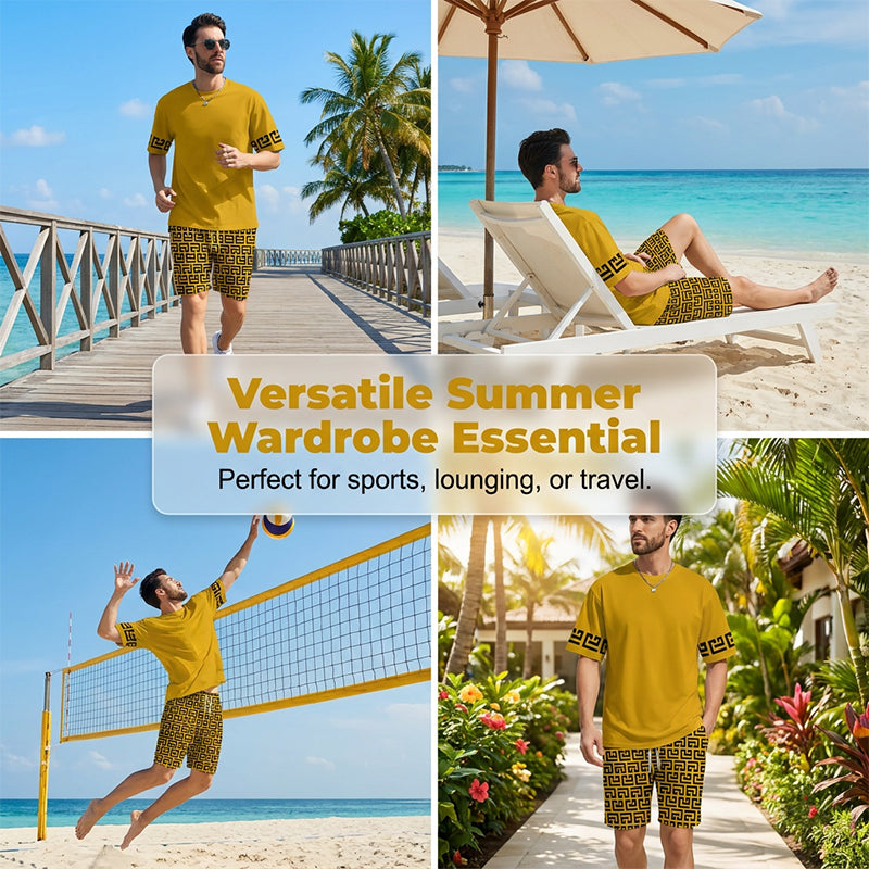 👕 50% RABATT! 💛 Herr gul grafisk tryckt kortärmad träningsset – Bekväm, sportig & perfekt för träning och fritid – stick resistant & sval bomull 🔥