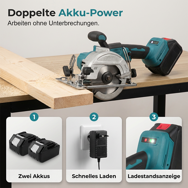 🛠️ ⏰ Endast idag-50% RABATT NU!🎯 Höghastighets Sladdlös Cirkelsåg med Borstlös Motor – 21V Kraftpaket & Dubbla Batterier 🔋