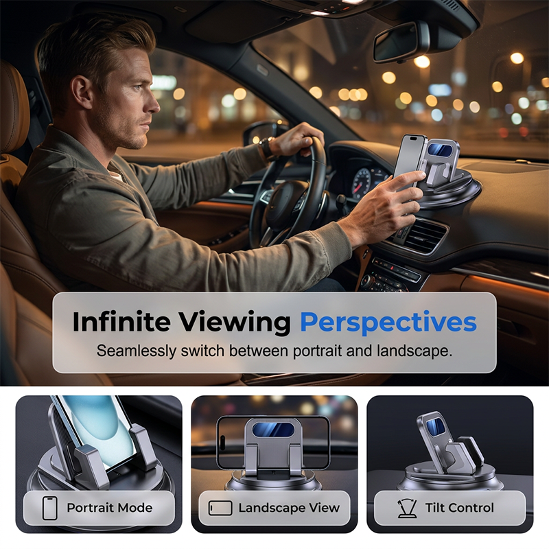 Roterande Dashboard Bilhållare – 360° Rotation, Anti-Slip Silikon, Enhandsmontering & Tvättbar Sugkopp 📱🔄