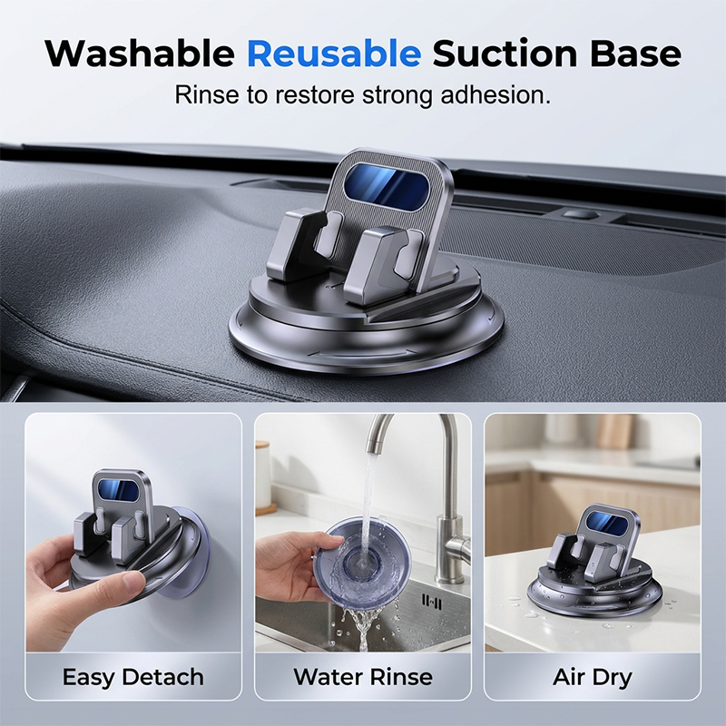Roterande Dashboard Bilhållare – 360° Rotation, Anti-Slip Silikon, Enhandsmontering & Tvättbar Sugkopp 📱🔄