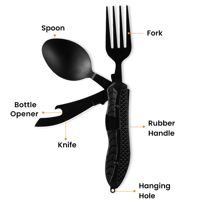 🍴 50% RABATT NU!🏕️ 4-i-1 Utomhus Fällbart Bestickset – Rostfritt Stål Multi-Tool – Kompakt Camping- & Vandringstillbehör 🎒