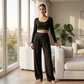 ⏳Begränsad tid – 50% rabatt⏰Damens Casual Crop Top & Wide Leg Byxor Set